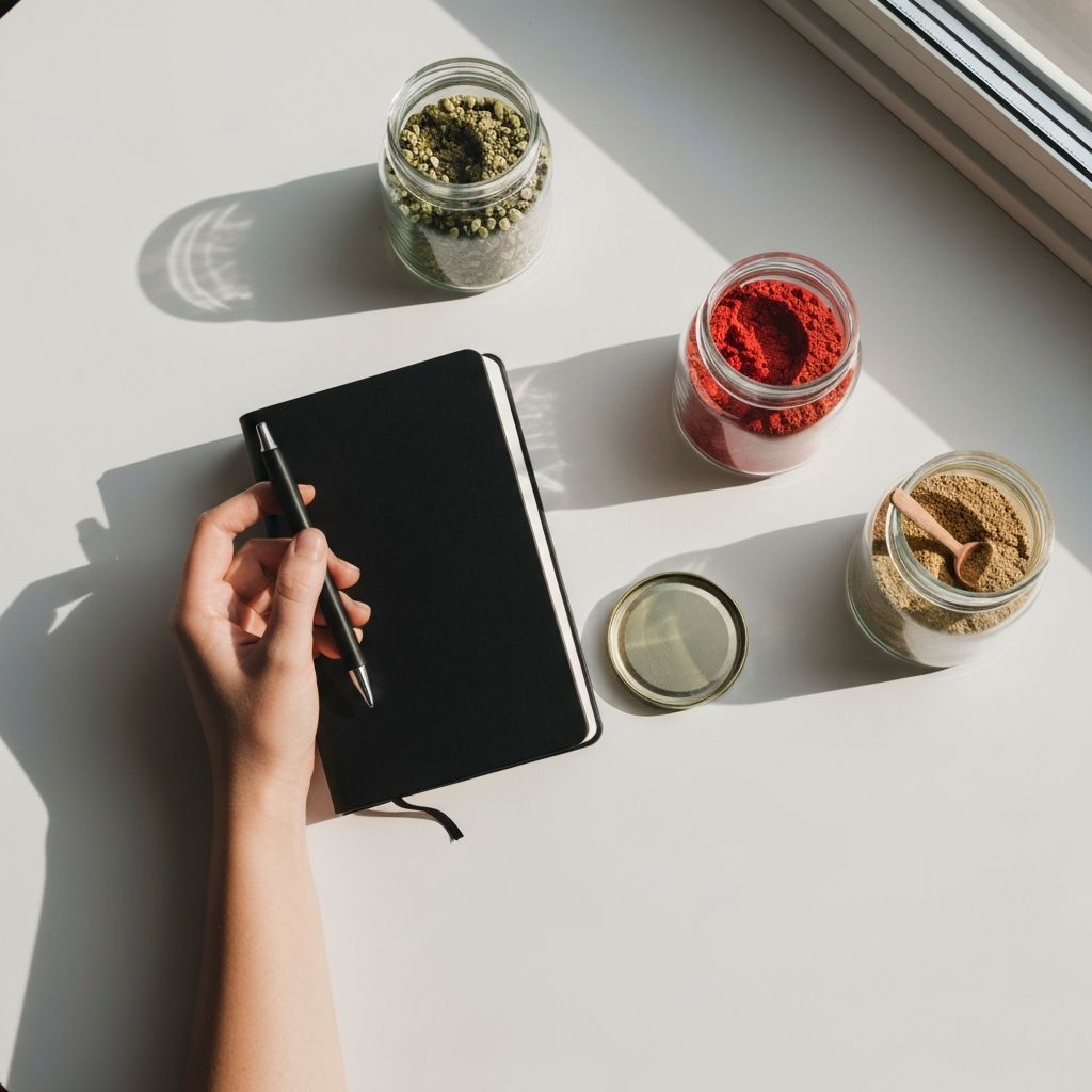 Hand hält Notizbuch und Stift neben Glaskrügen mit Supplements