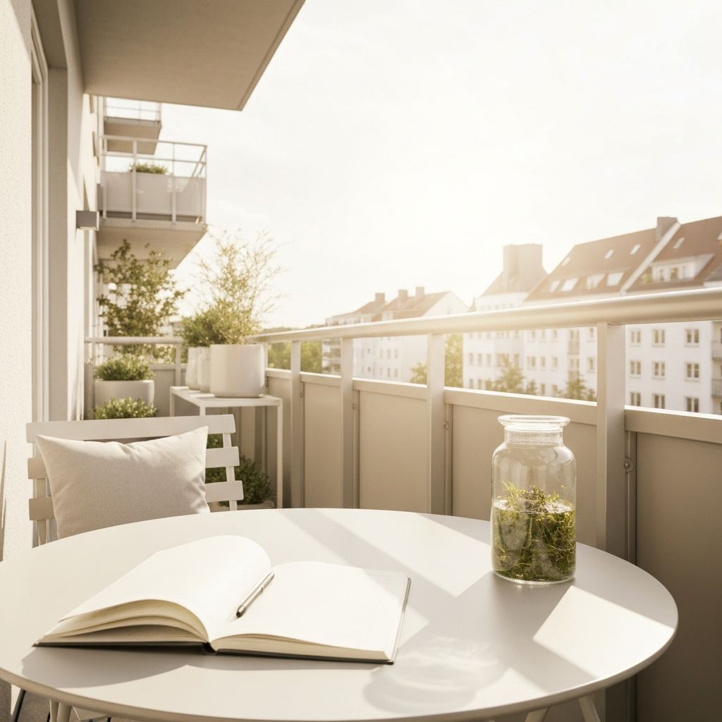 Balkontisch mit offenem Notizbuch, Wellness-Glas und Sonnenlicht