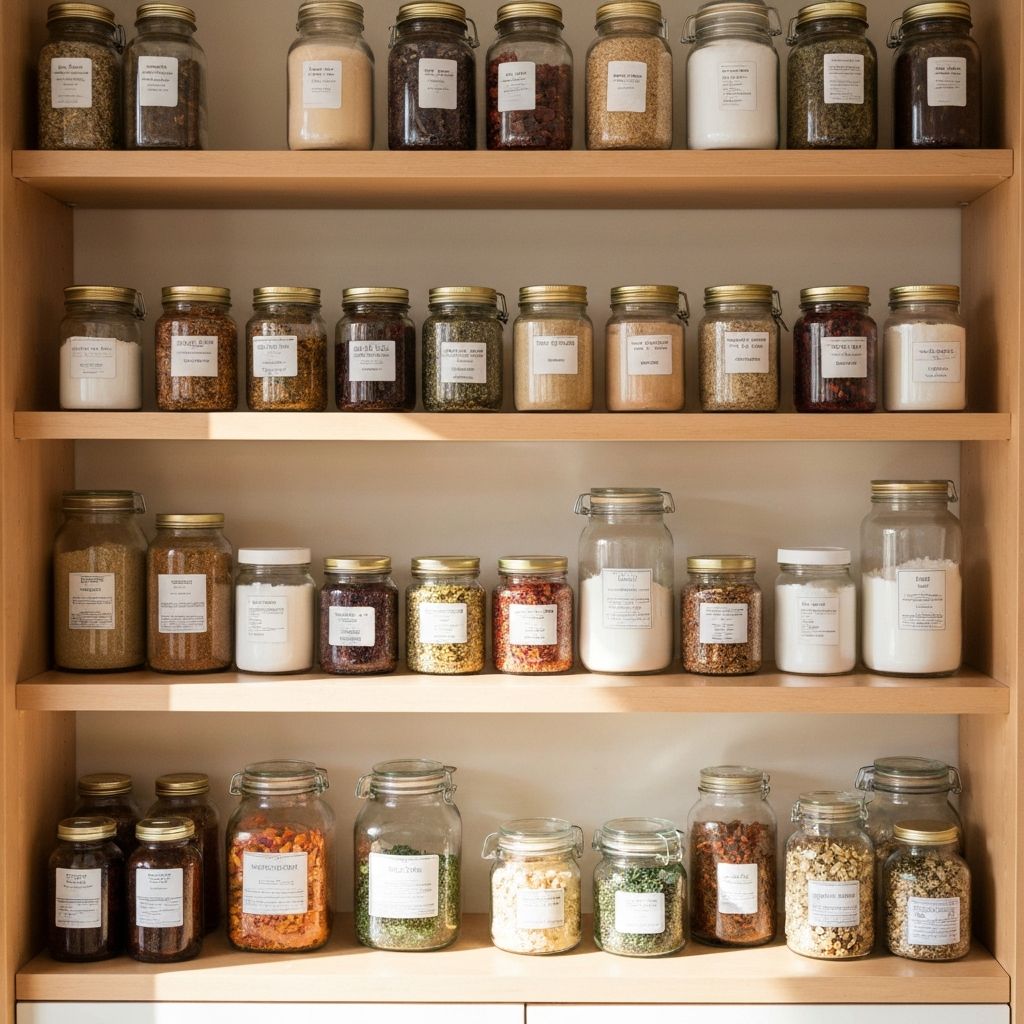 Organisierte Regale mit Glaskrügen von Supplements, Pulvern und getrockneten Kräutern